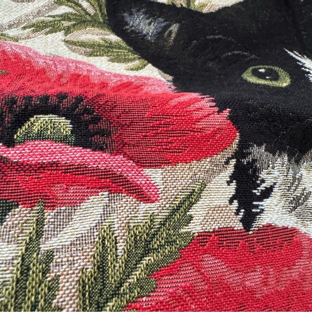 Black Cat & Poppies Jaquard Textile Throw Pillow Cover Case - Picture 4 of 7